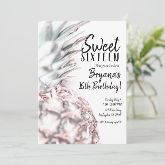 ピンクのトロピカルパイナップルスウィート16誕生日パーティー 招待状 (スタンド正面)