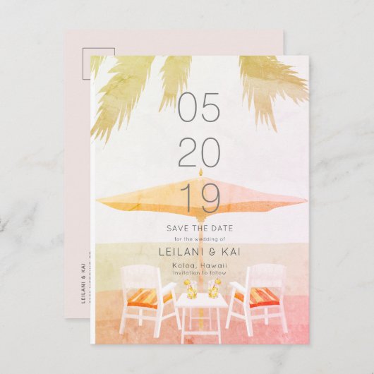 ピンクのトロピカルビーチチェア日付はがきを保存 案内ポストカード (正面/裏面)