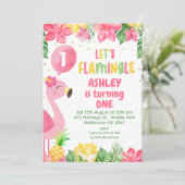 ピンクのトロピカルフラミンゴがフラミングルの誕生日を祝う 招待状 (スタンド正面)