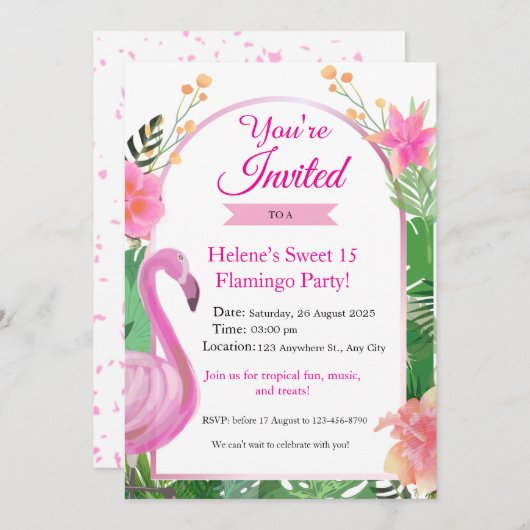 ピンクのトロピカルフラミンゴ誕生日パーティーへの招待 招待状 (正面/裏面)