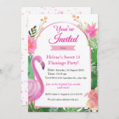 ピンクのトロピカルフラミンゴ誕生日パーティーへの招待 招待状 (正面/裏面)