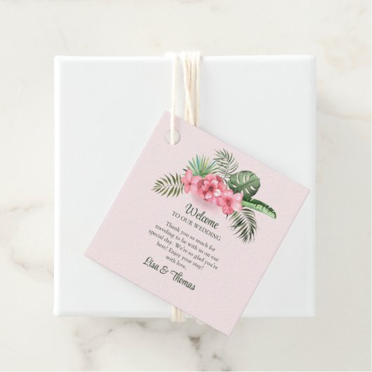 ピンクのトロピカルフラワー結婚ズの歓迎 フェイバータグ (インサイチュ)