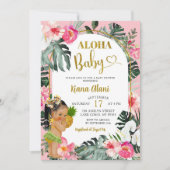 ピンクのトロピカルフラワー パイナップルアロハベイビーシャワー 招待状 (正面)