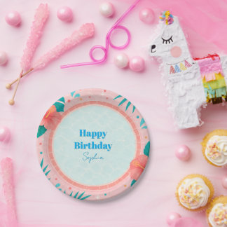 ピンクのトロピカルプールパーティー誕生日ペーパープレート ペーパープレート