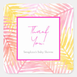 ピンクのトロピカル葉ハワイアンベビーシャワー スクエアシール