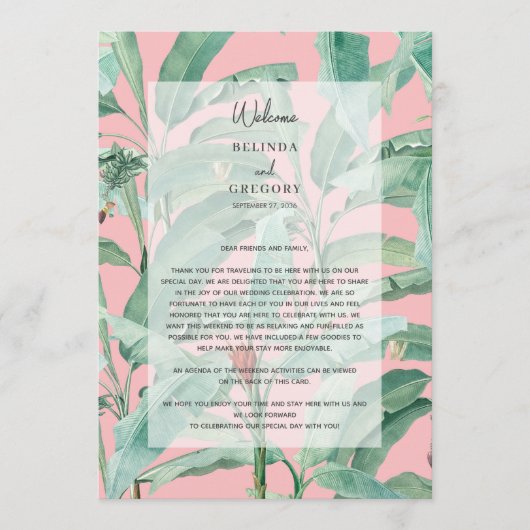 ピンクのトロピカル葉パーム結婚の旅程 プログラム (正面)