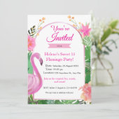 ピンクのトロピカル フラミンゴ 誕生日パーティー招待状 招待状 (スタンド正面)