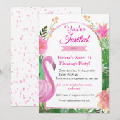 ピンクのトロピカル フラミンゴ 誕生日パーティー招待状 招待状 (正面/裏面)