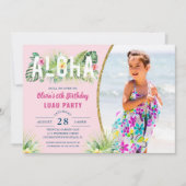 ピンクのトロピカル フラワー アロハ ルアウ 誕生日写真 招待状 (正面)