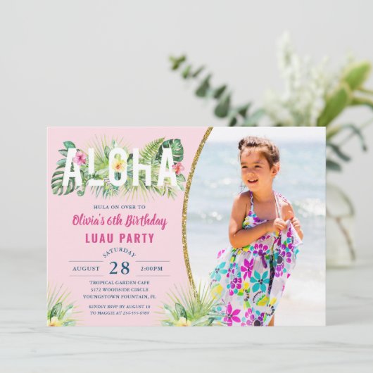 ピンクのトロピカル フラワー アロハ ルアウ 誕生日写真 招待状 (スタンド正面)