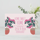 ピンクのトロピカル モンステラ ツリー ハウスウォーミング パーティー 招待状 (スタンド正面)