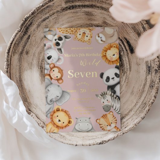 ピンクのトロピカル ワイルド ジャングル サファリ 動物 箔招待状