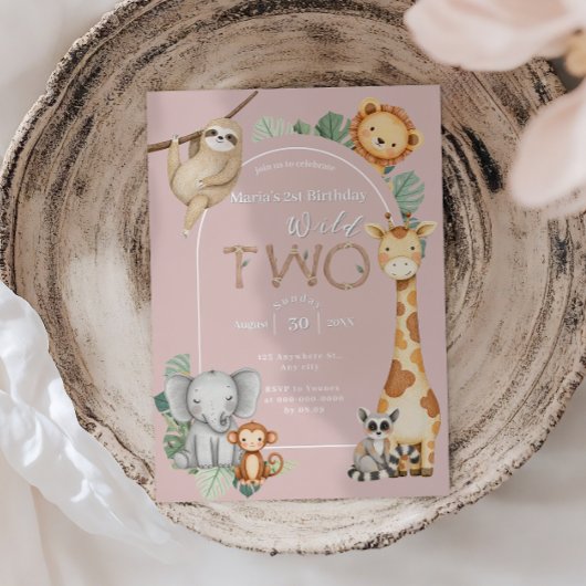 ピンクのトロピカル ワイルド ツー ジャングル サファリ アニマルズ 招待状