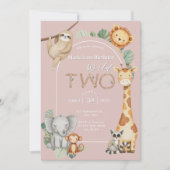 ピンクのトロピカル ワイルド ツー ジャングル サファリ アニマル 招待状 (正面)