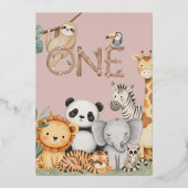 ピンクのトロピカル ワイルド ワン ジャングル サファリ 動物 箔招待状 (裏面)