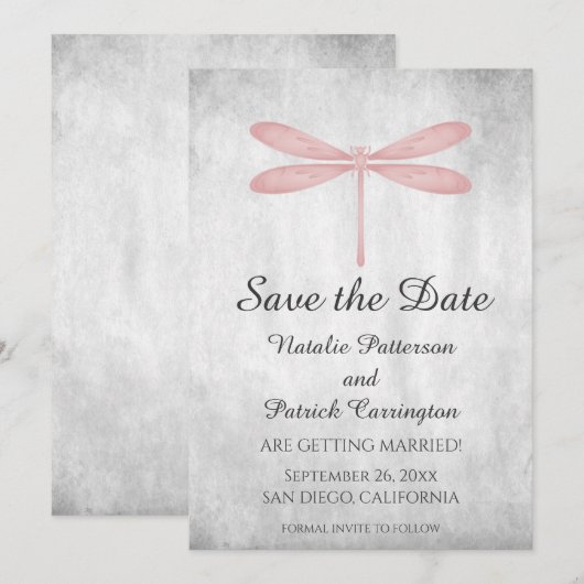 ピンクのトンボの結婚式お知らせカード 招待状 (正面/裏面)