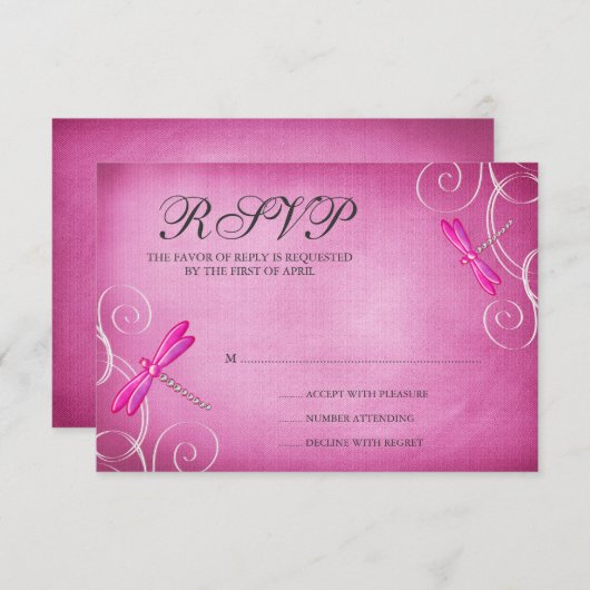 ピンクのトンボ渦巻き旋回ウェディングRSVP応答カード 出欠カード (正面/裏面)