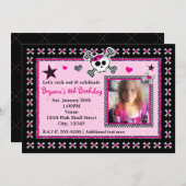 ピンクのドクロと十字骨のハートの写真招待状 招待状 (正面/裏面)