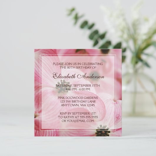 ピンクのドッグウッドの花々80歳の誕生日パーティー 招待状 (スタンド正面)