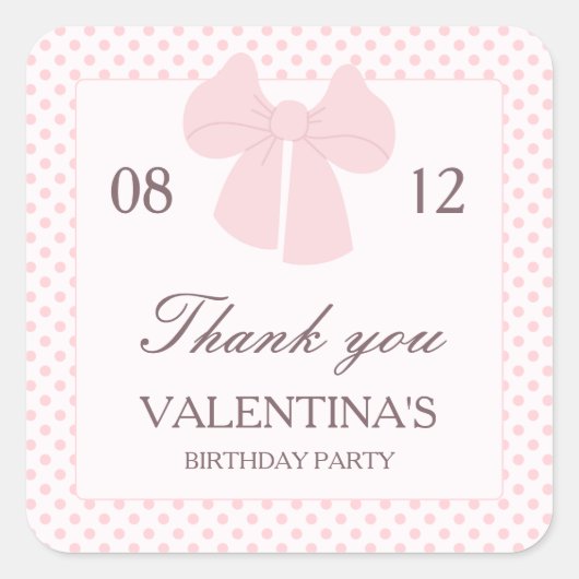 ピンクのドットとピンクの弓の女の子の誕生日 スクエアシール (正面)