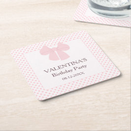 ピンクのドットとピンクの弓の女の子の誕生日 スクエアペーパーコースター