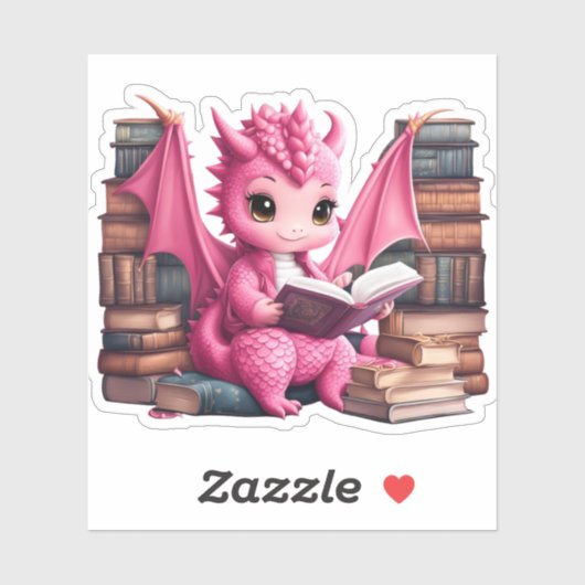 ピンクのドラゴンが本を読むステッカー シール (シート)