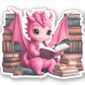 ピンクのドラゴンが本を読むステッカー シール (正面)