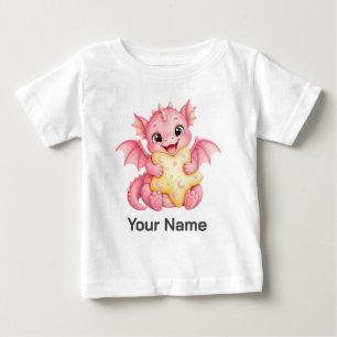 ピンクのドラゴンと星の枕 ベビーTシャツ
