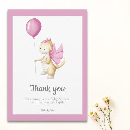 ピンクのドラゴンと風船の女の子 ベイビーシャワー サンキューカード
