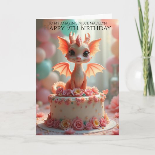 ピンクのドラゴンの姪の9歳の誕生日おめでとう カード (正面)