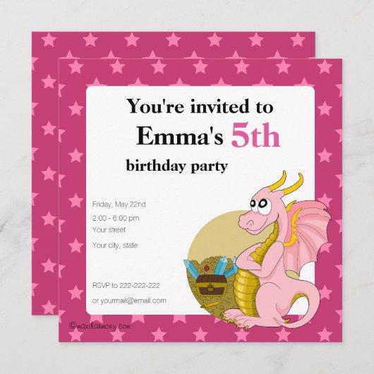 ピンクのドラゴンの漫画の誕生日プリント招待状 招待状 (正面/裏面)