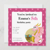 ピンクのドラゴンの漫画の誕生日プリント招待状 招待状 (正面)