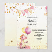 ピンクのドラゴンの誕生日招待状(編集可能) 招待状 (正面/裏面)