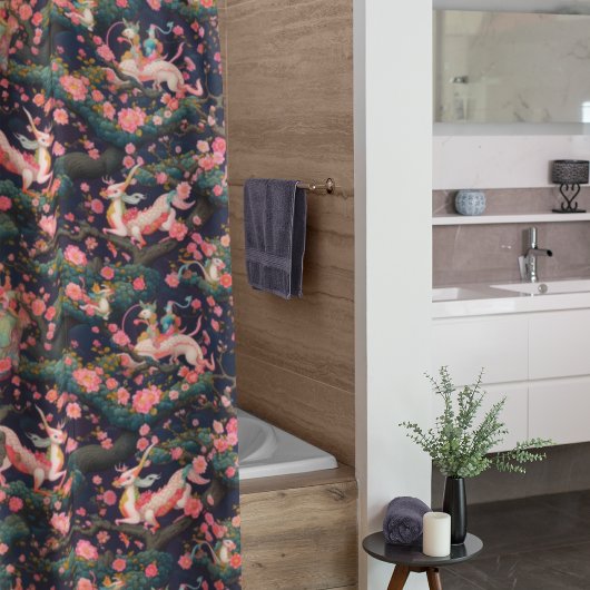 ピンクのドラゴンズとさくらんぼの花 シャワーカーテン