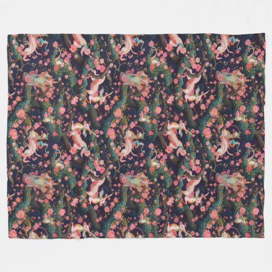 ピンクのドラゴンズとさくらんぼの花 フリースブランケット (正面(横))