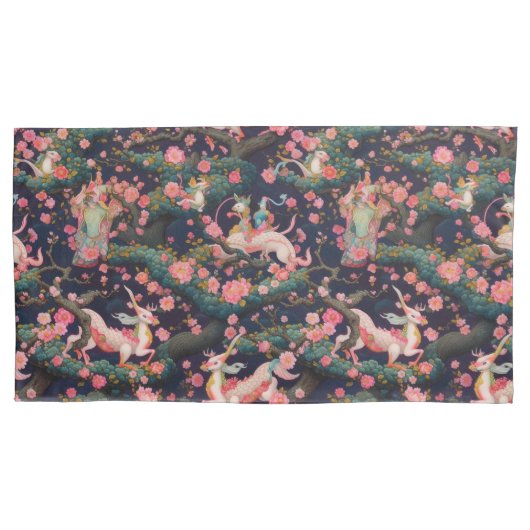 ピンクのドラゴンズとさくらんぼの花 枕カバー (正面左)