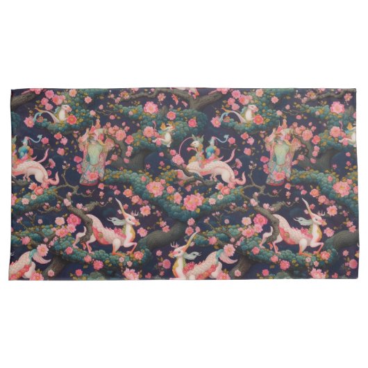 ピンクのドラゴンズとさくらんぼの花 枕カバー (正面右)