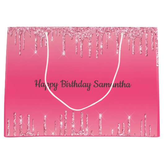 ピンクのドリッピンググリッターがあふれるガーリーでおしゃれなモダンなデザイン ラージペーパーバッグ (正面)