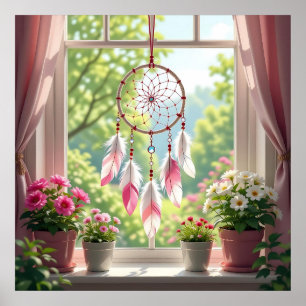 ピンクのドリームキャッチャーと植物の窓辺 ポスター