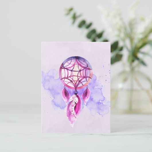 ピンクのドリームキャッチャーを紫色の水彩（ばちゃばちゃ）跳ねる ポストカード (スタンド正面)