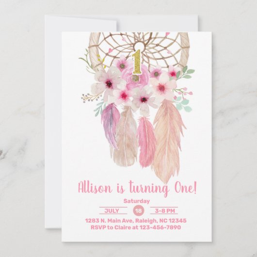 ピンクのドリームキャッチャー女の子1stの誕生日招待状。 招待状 (正面)