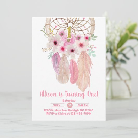 ピンクのドリームキャッチャー女の子1stの誕生日招待状。 招待状 (スタンド正面)
