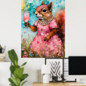 ピンクのドレスとドリンクを着たリス ポスター (ホームオフィス)