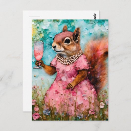 ピンクのドレスとドリンクを着たリス ポストカード (正面/裏面)