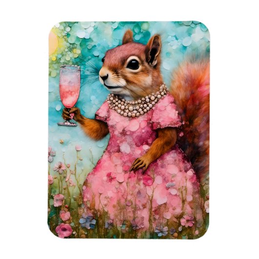 ピンクのドレスとドリンクを着たリス マグネット (縦)