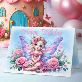 ピンクのドレスとバラの妖精の子供の誕生日 カード