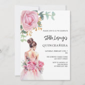 ピンクのドレスとバラの花のキンセアニエラ 招待状 (正面)