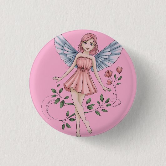 ピンクのドレスと羽を持つ妖精のイラスト 缶バッジ (正面)