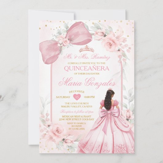 ピンクのドレスのプリンセス 結婚式用リボン 花柄 ケンカネーラ 招待状 (正面)