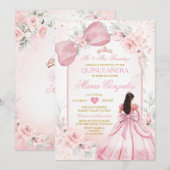 ピンクのドレスのプリンセス 結婚式用リボン 花柄 ケンカネーラ 招待状 (正面/裏面)